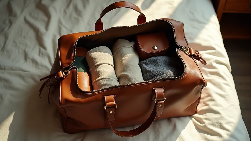 Vue de dessus d'un sac de voyage de 40 litres ouvert montrant le contenu réel pour un week-end : trois tenues, chaussures et trousse de toilette