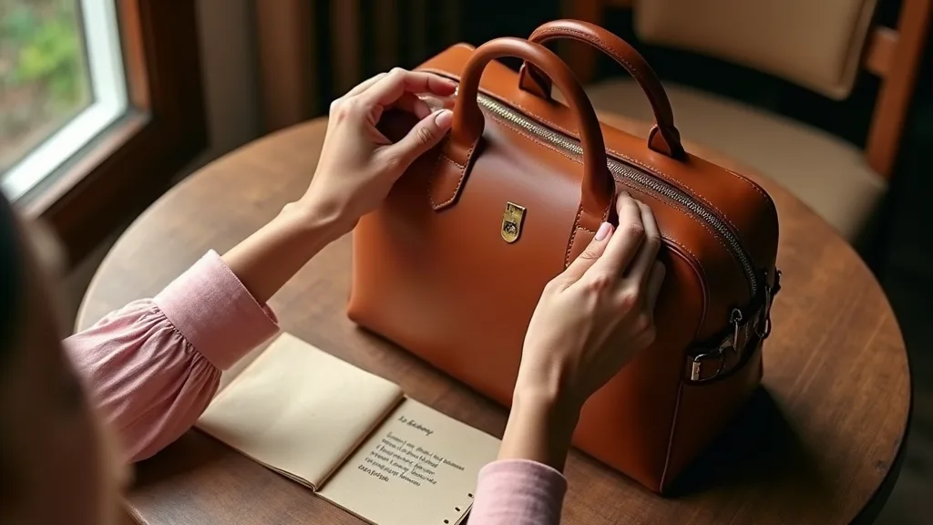 Gros plan de mains examinant la texture du cuir pleine fleur d'un sac à main voyage vintage cognac, comparant matières sur table en noyer