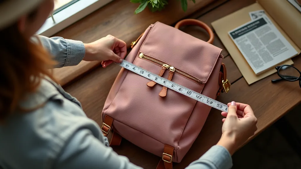 Vue rapprochée de mains mesurant un sac à dos rose avec un mètre ruban sur une table en bois, avec des fiches de dimensions des compagnies aériennes