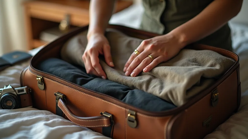 Mains de femme organisant soigneusement ses affaires dans un sac de voyage ouvert