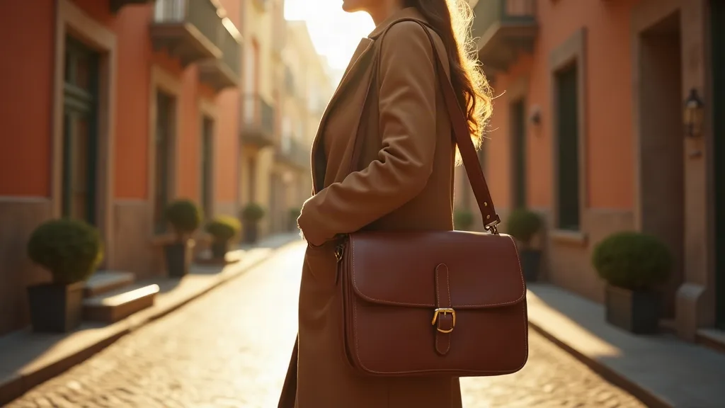 Femme élégante marchant dans une rue européenne pavée portant un sac à main de voyage crossbody en cuir positionné confortablement sur la hanche, démonstration du port sans douleur