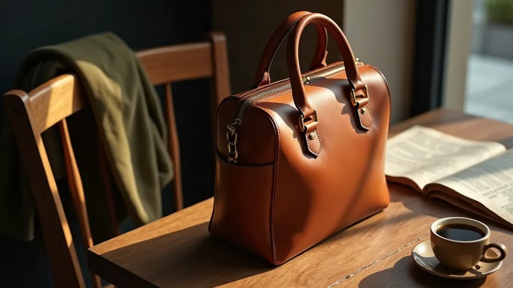 Gros plan sur un sac à main de voyage en cuir cognac structuré posé debout sur une table de café, démontrant sa capacité à tenir sa forme élégamment
