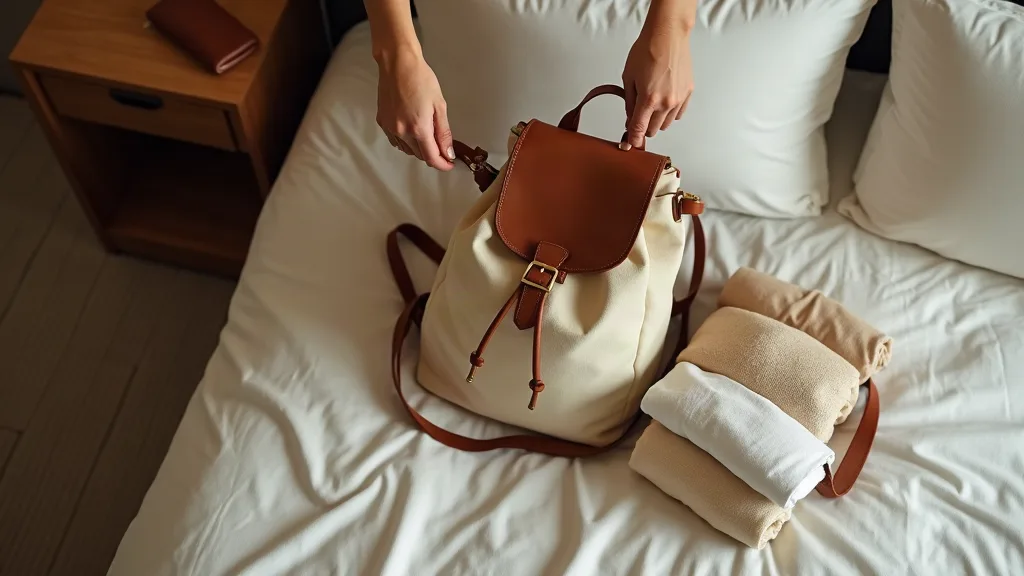 Vue de dessus des mains d'une femme plaçant un sac à dos en toile beige sur un lit d'hôtel avec vêtements roulés organisés pour un city trip de trois jours