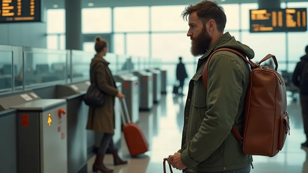 Voyageur vérifiant les dimensions de son sac à main de voyage en cuir cognac contre le gabarit de calibrage à l'aéroport avant l'embarquement