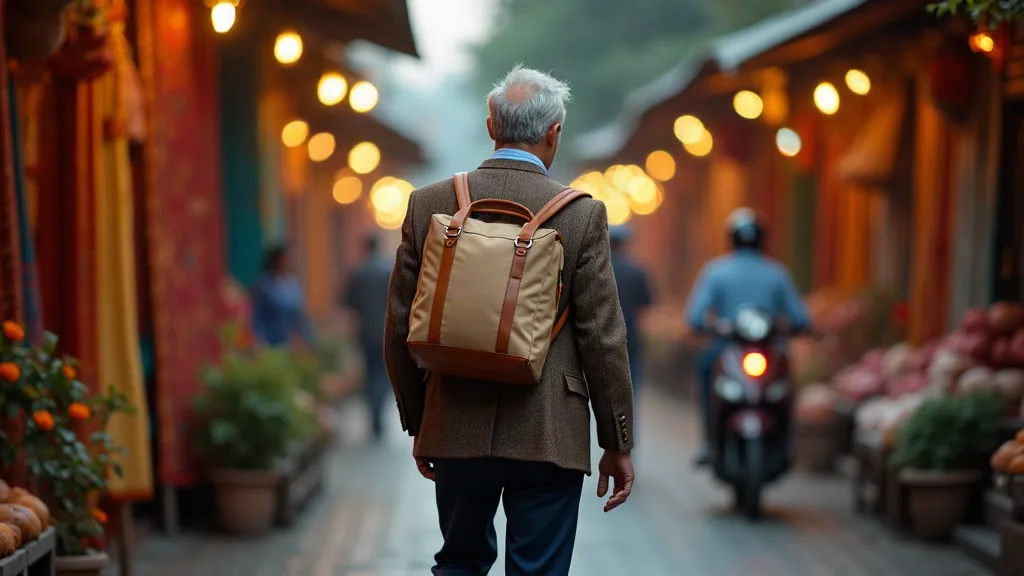 Voyageur avec sac de voyage cabine dans un marché de Bangalore illustrant les différences de politiques bagages entre compagnies aériennes