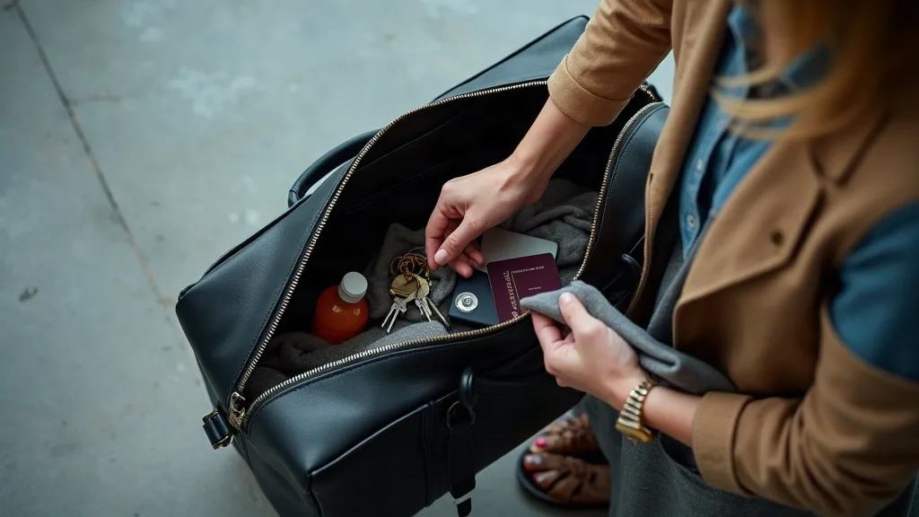 Mains transférant ordinateur, batteries et documents essentiels d'un sac polochon en cuir noir vers un petit sac personnel avant enregistrement forcé à la porte