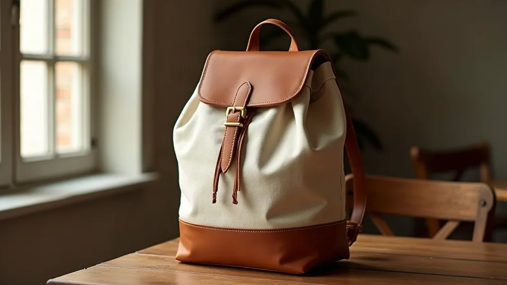 Gros plan éditorial d'un sac à dos en toile beige et cuir marron sur table en noyer montrant les détails de quincaillerie en laiton et les coutures de qualité