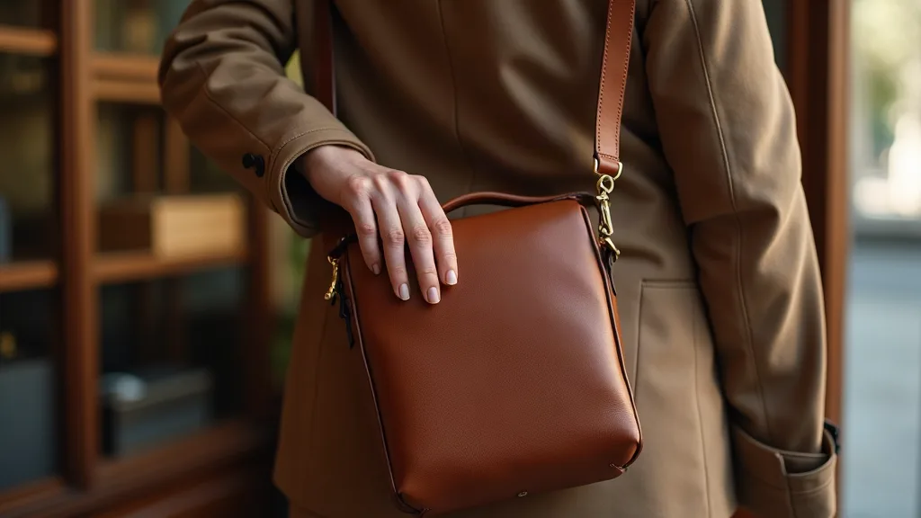 Gros plan sur une main de femme testant la largeur et le rembourrage de la bandoulière réglable d'un sac à main de voyage en cuir, vérification avant achat