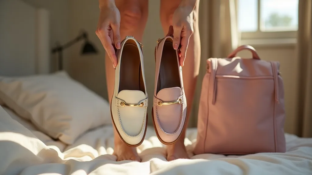 Mains tenant deux paires de chaussures complémentaires illustrant la construction d'une garde-robe capsule polyvalente pour voyager léger une semaine