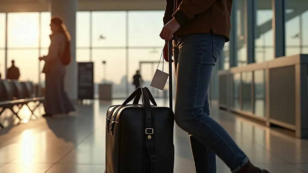 Agent aérien attachant une étiquette d'enregistrement sur un sac polochon en cuir noir à la porte d'embarquement, illustrant le dépôt forcé en soute