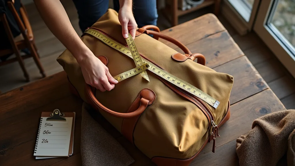Mesure précise d'un sac de voyage cabine à la maison avec mètre ruban incluant poignées et dimensions complètes