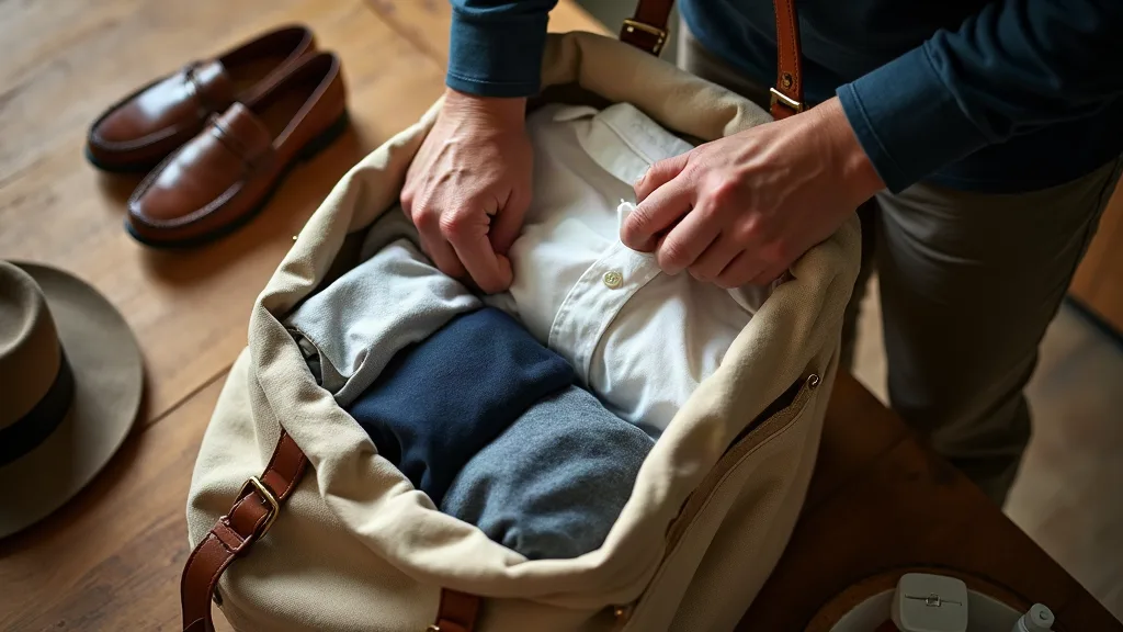 Mains roulant méthodiquement des vêtements dans un sac à dos en toile beige, illustrant la technique de pliage optimale pour un week-end de 48 heures
