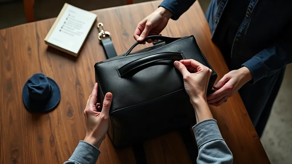 Mains inspectant les détails de construction d'un sac à dos cabine cuir noir sur une table en bois, compartiment ordinateur rembourré visible