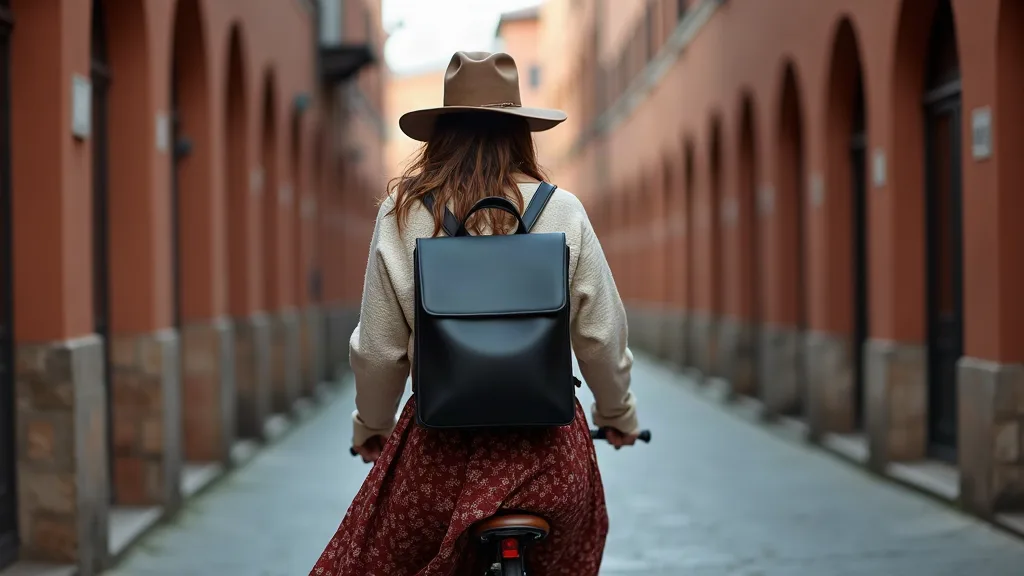 Cycliste vue de dos portant sac à dos en cuir noir dans une rue pavée de Bologne sous des arcades Renaissance