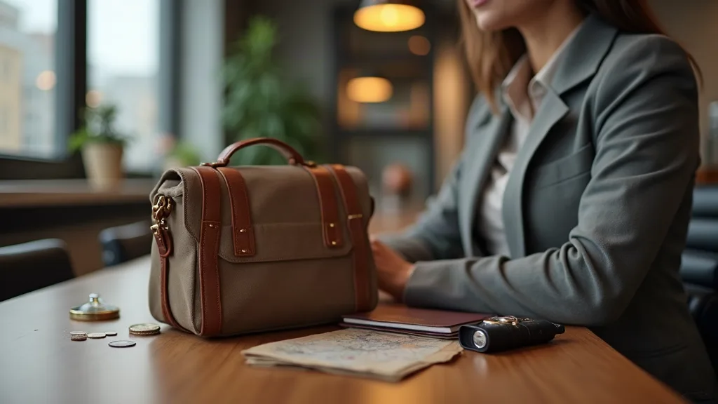 Femme d'affaires en réunion avec son sac de voyage structuré posé à côté d'elle