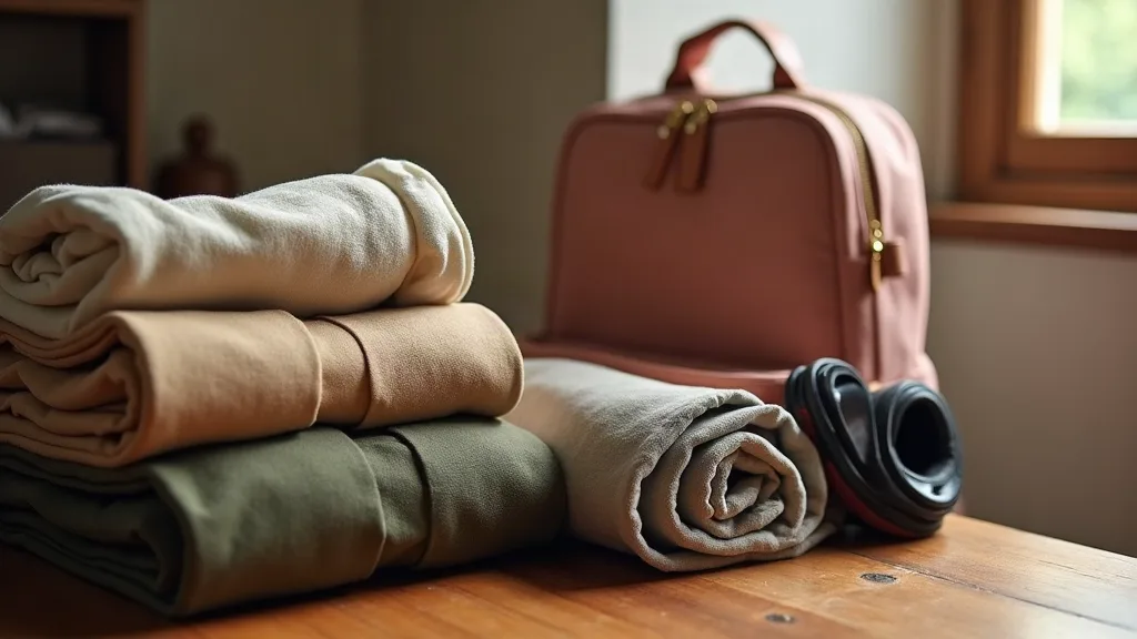 Gros plan de vêtements roulés et organisés méthodiquement à côté d'un sac à dos cabine rose avec accessoires de voyage et cubes de compression