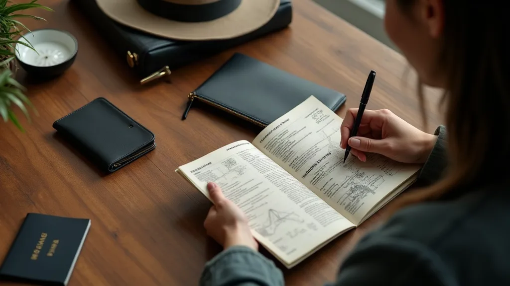Gros plan sur des mains organisant passeport, carte d'embarquement et documents de voyage sur une table en noyer, porte-documents en cuir noir en arrière-plan