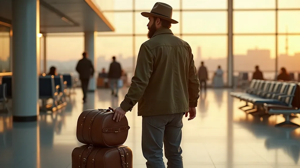 Voyageur masculin de dos dans terminal d'aéroport à l'aube, vérifiant que son sac polochon en cuir cognac passe dans le gabarit de mesure cabine